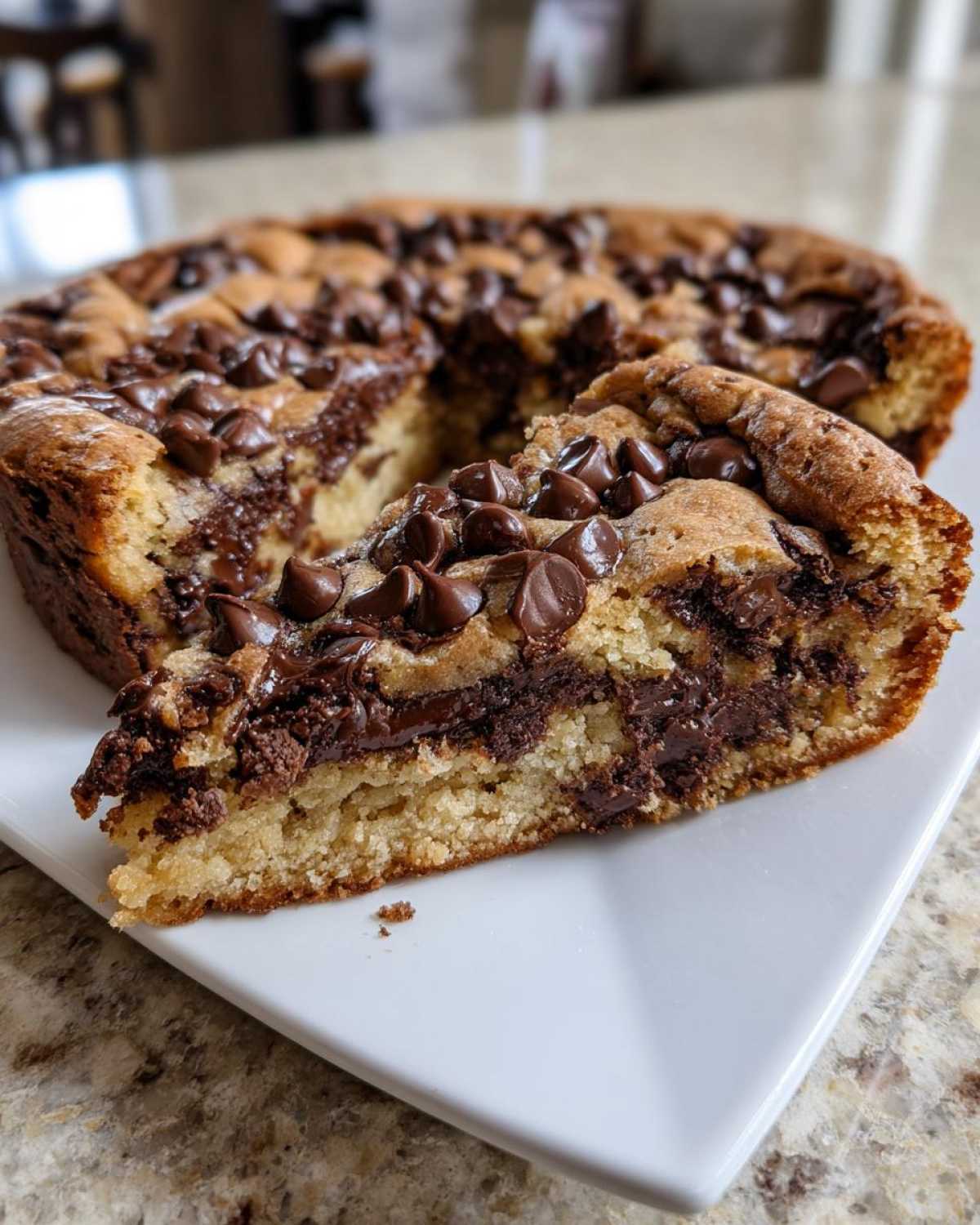 A thick slice of gooey Chocolate chip cookie cake topped with melted chips, served on a white plate.