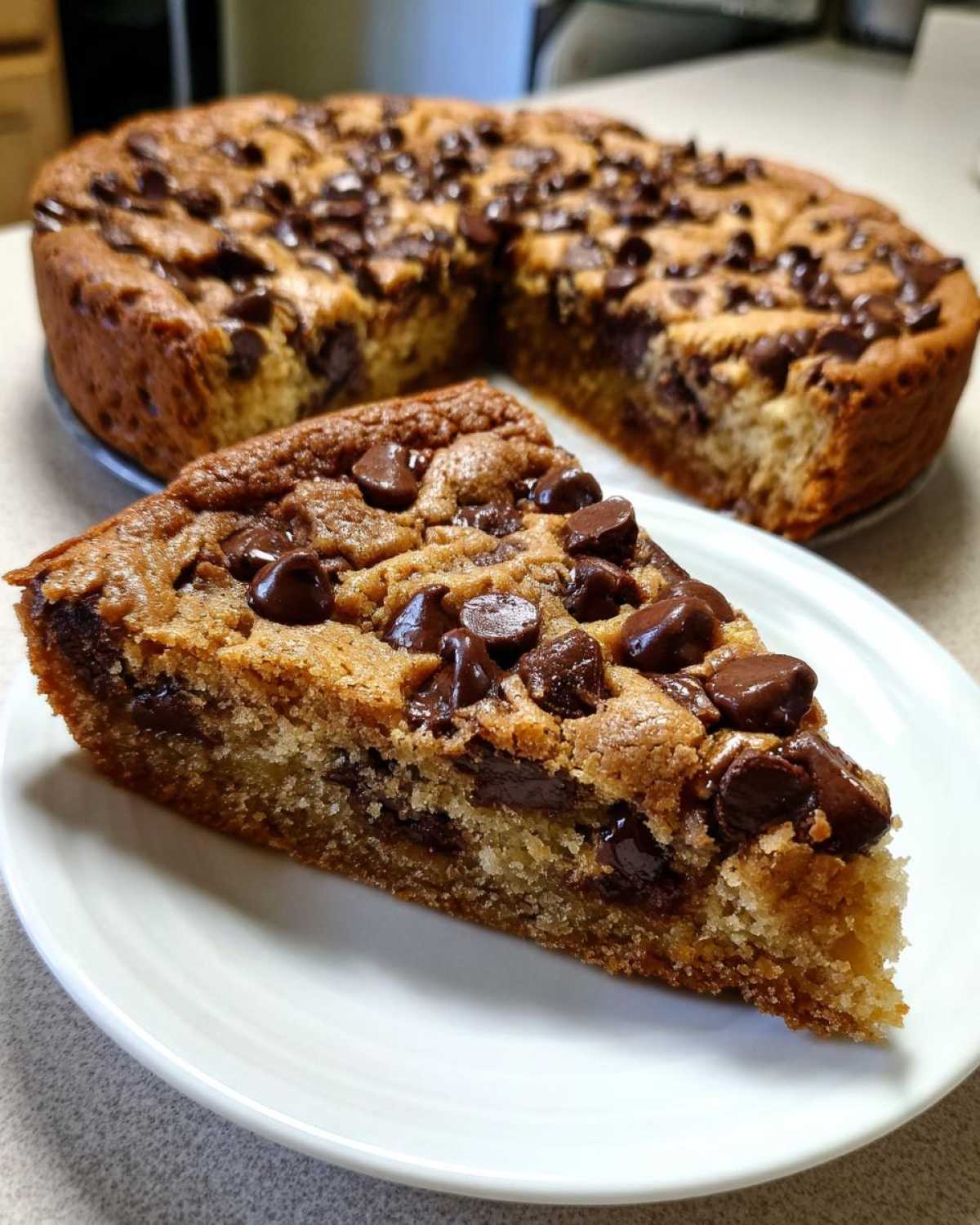A thick slice of Chocolate Chip Cookie Cake served on a white plate with the rest of the cake in the background.