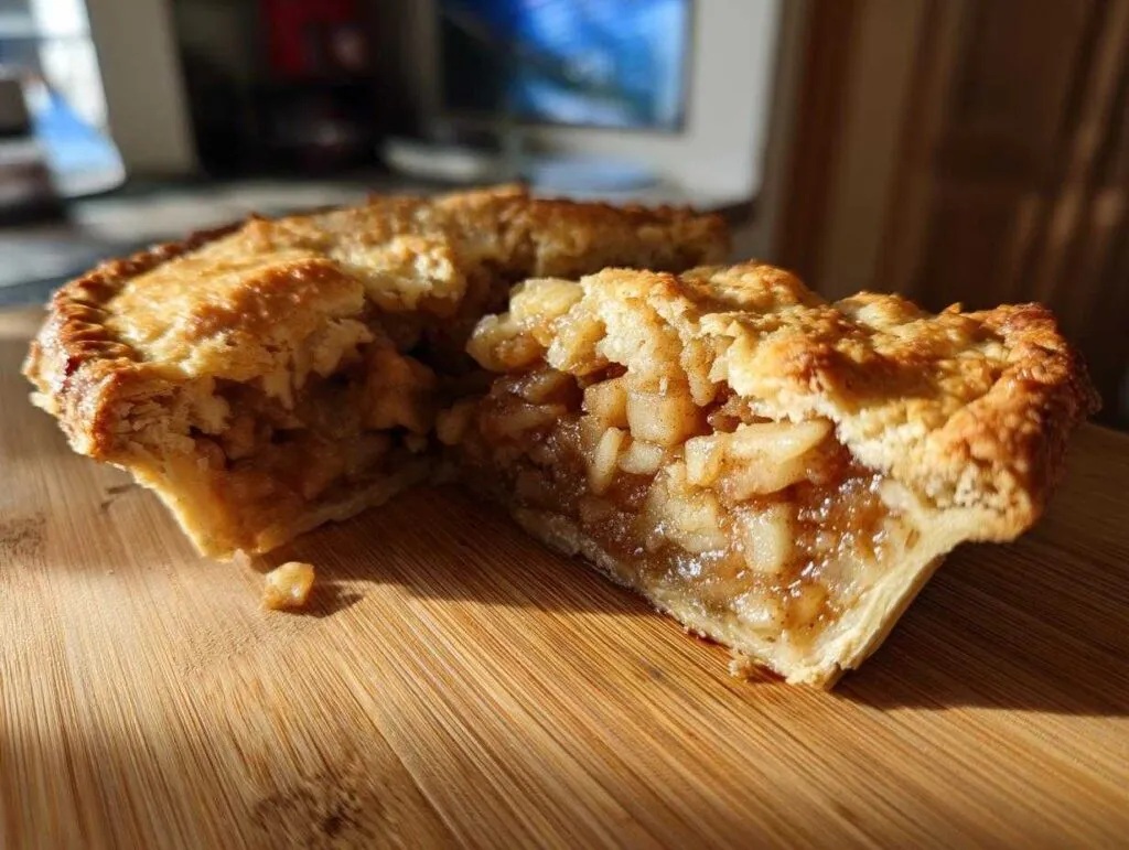 Close-up of a slice cut from a Classic apple pie, revealing chunky spiced apple filling and flaky golden crust.
