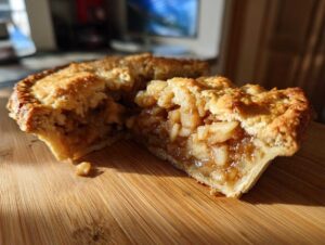 Close-up of a slice cut from a Classic apple pie, revealing chunky spiced apple filling and flaky golden crust.