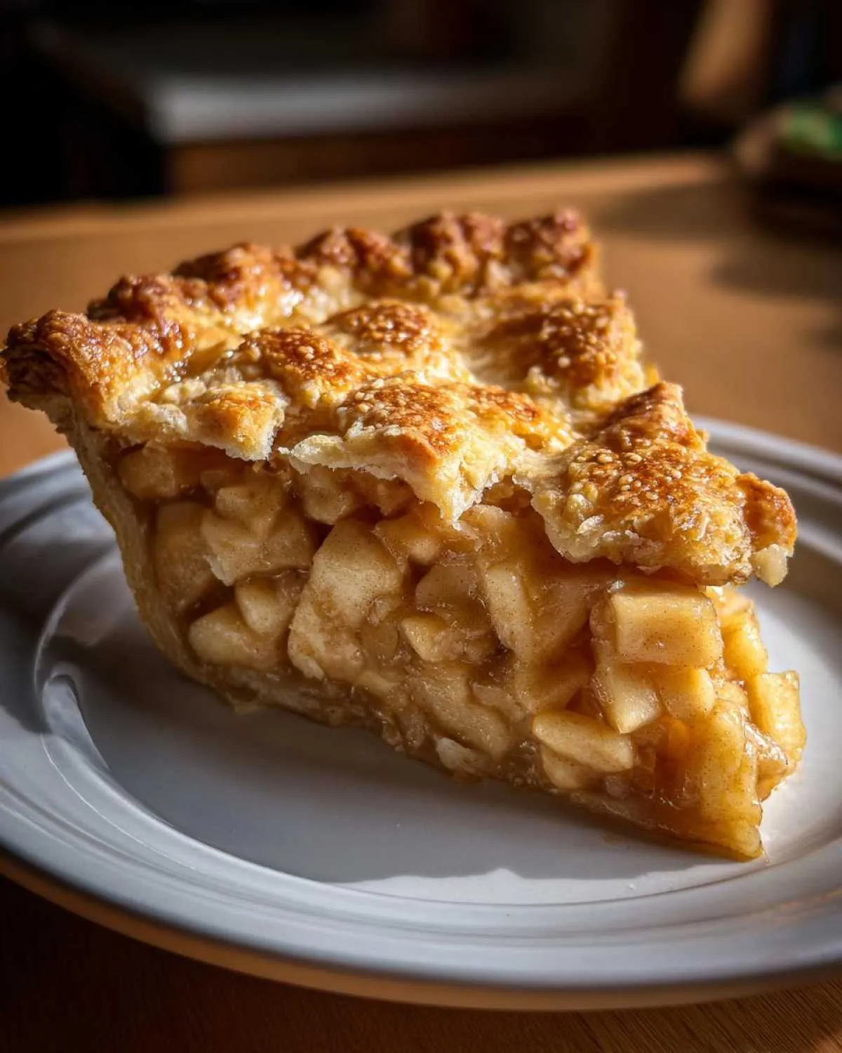 A close-up slice of Classic apple pie showing chunky, spiced apple filling and a golden, flaky top crust.