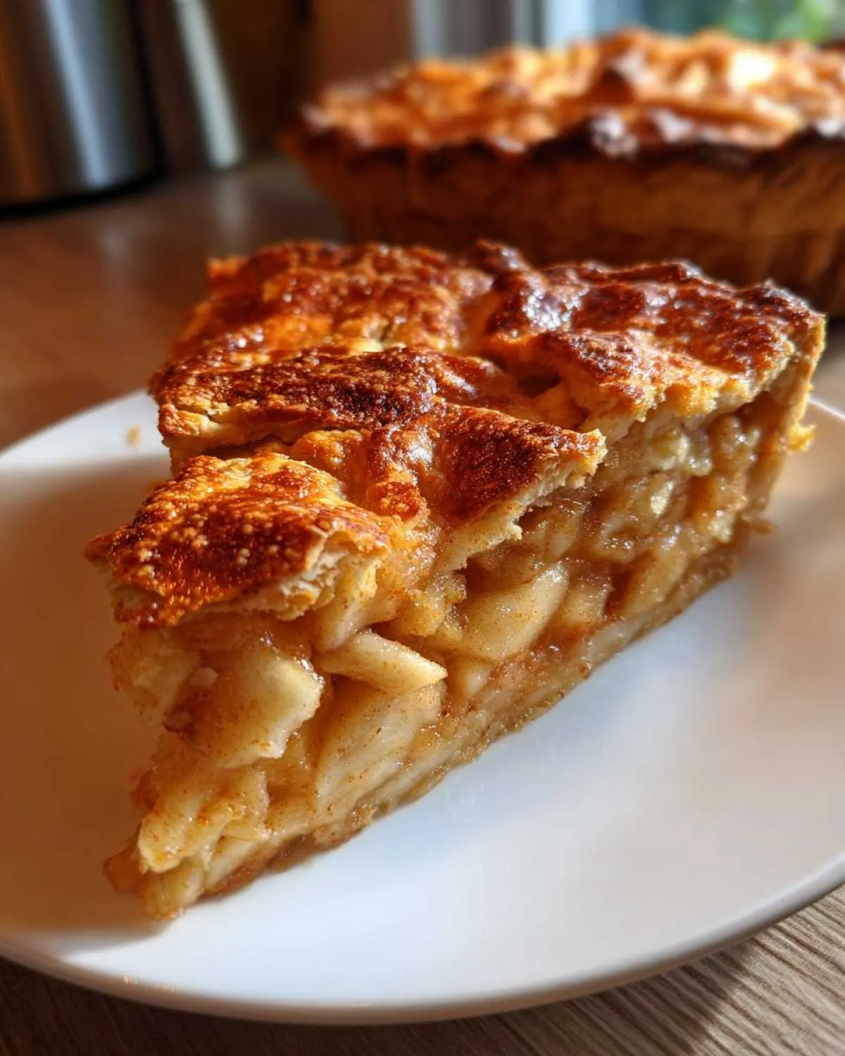 A close-up of a thick slice of Classic apple pie showing tender cinnamon-spiced apples and a golden, flaky crust.