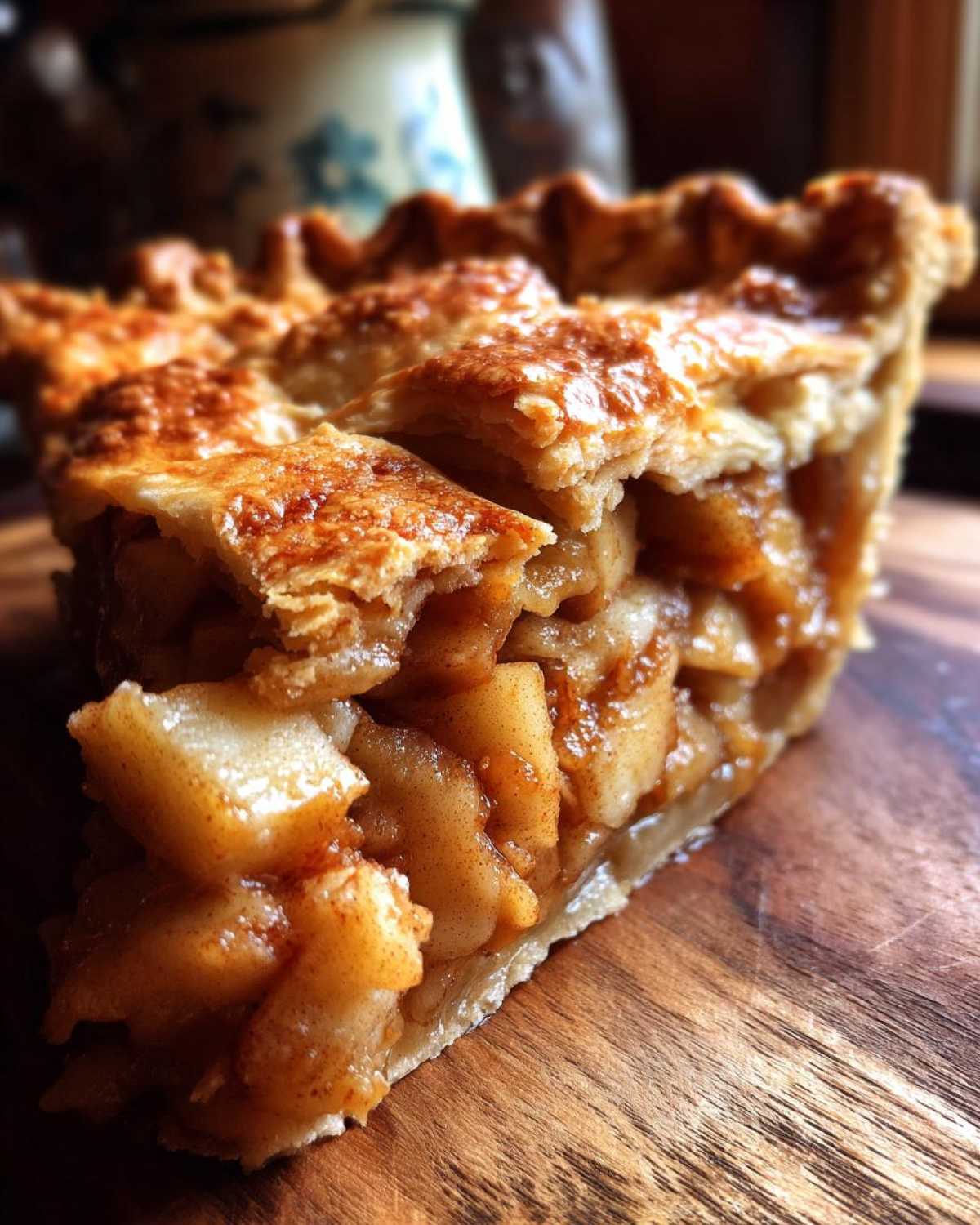 Close-up of a thick slice of Classic apple pie showing chunky, spiced apple filling and a golden, flaky lattice crust.