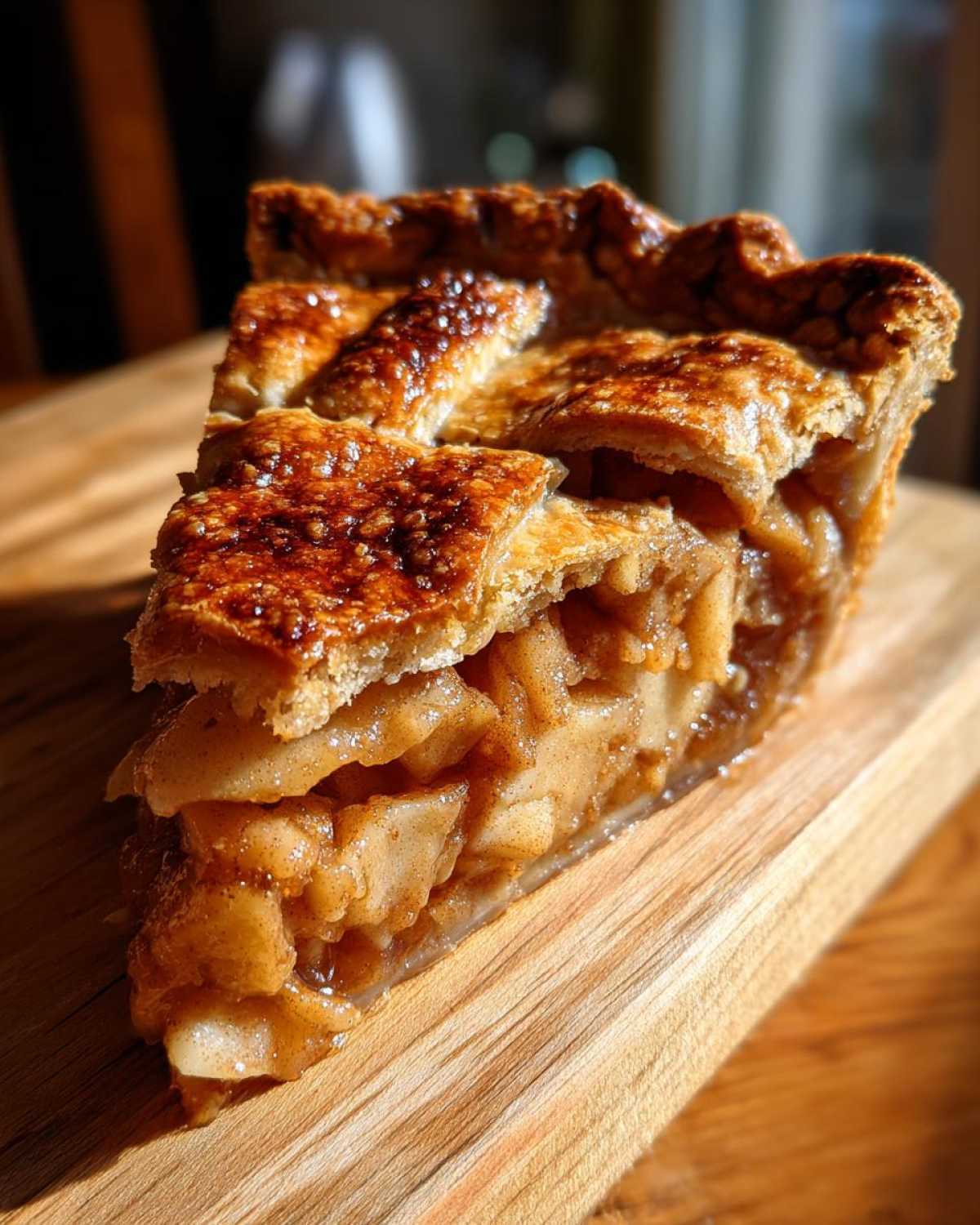 Close-up of a perfect slice of Classic apple pie showing flaky lattice crust and cinnamon-spiced apple filling.