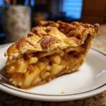 A generous slice of Classic apple pie showing thick, spiced apple filling and a golden, sugared lattice crust.