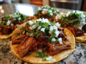 Close-up of several Tacos árabes filled with rich, shredded meat and topped generously with diced white onion and fresh cilantro.