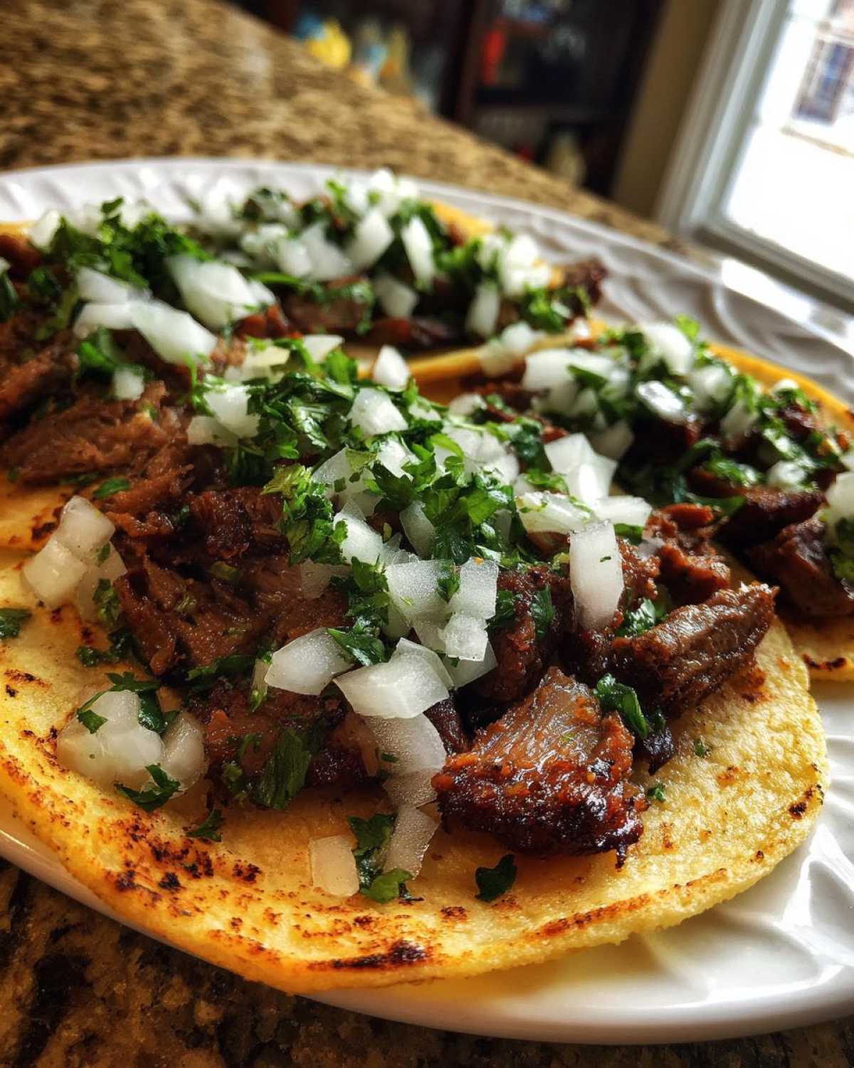 Close-up of two Tacos árabes served on corn tortillas, topped generously with marinated meat, diced white onion, and fresh cilantro.