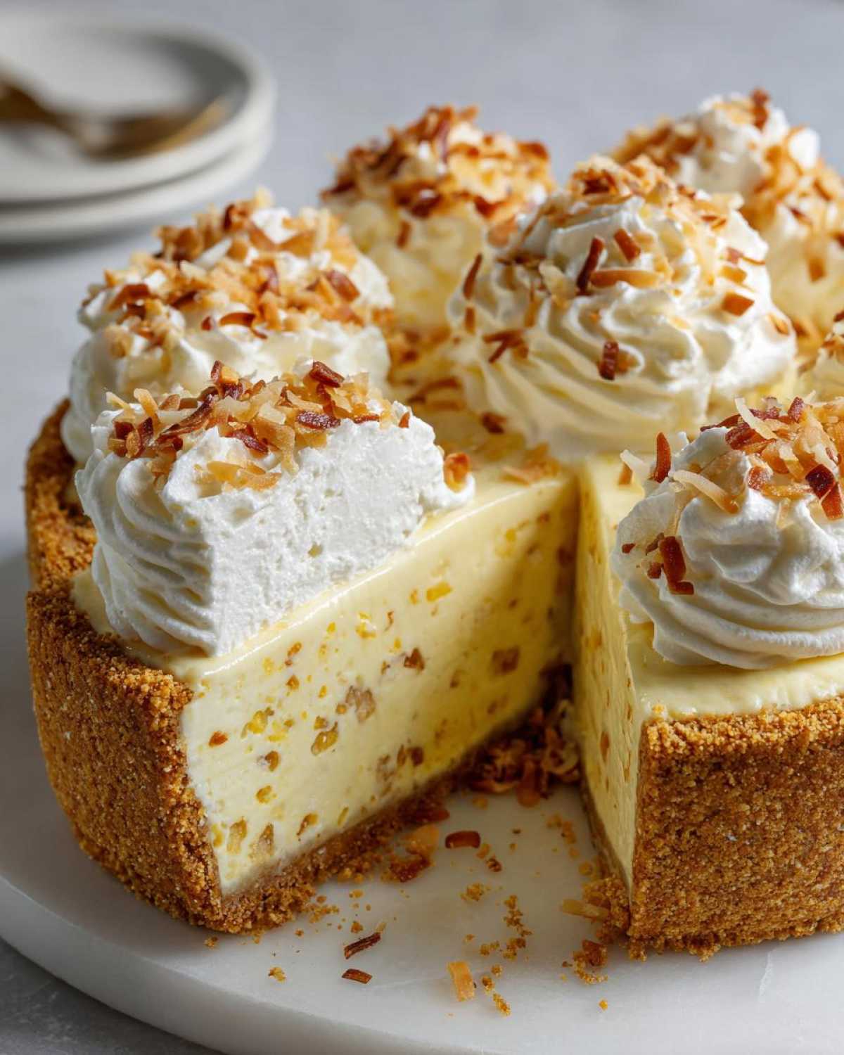 A slice removed from a rich Coconut cream pie topped with swirls of whipped cream and toasted coconut flakes.