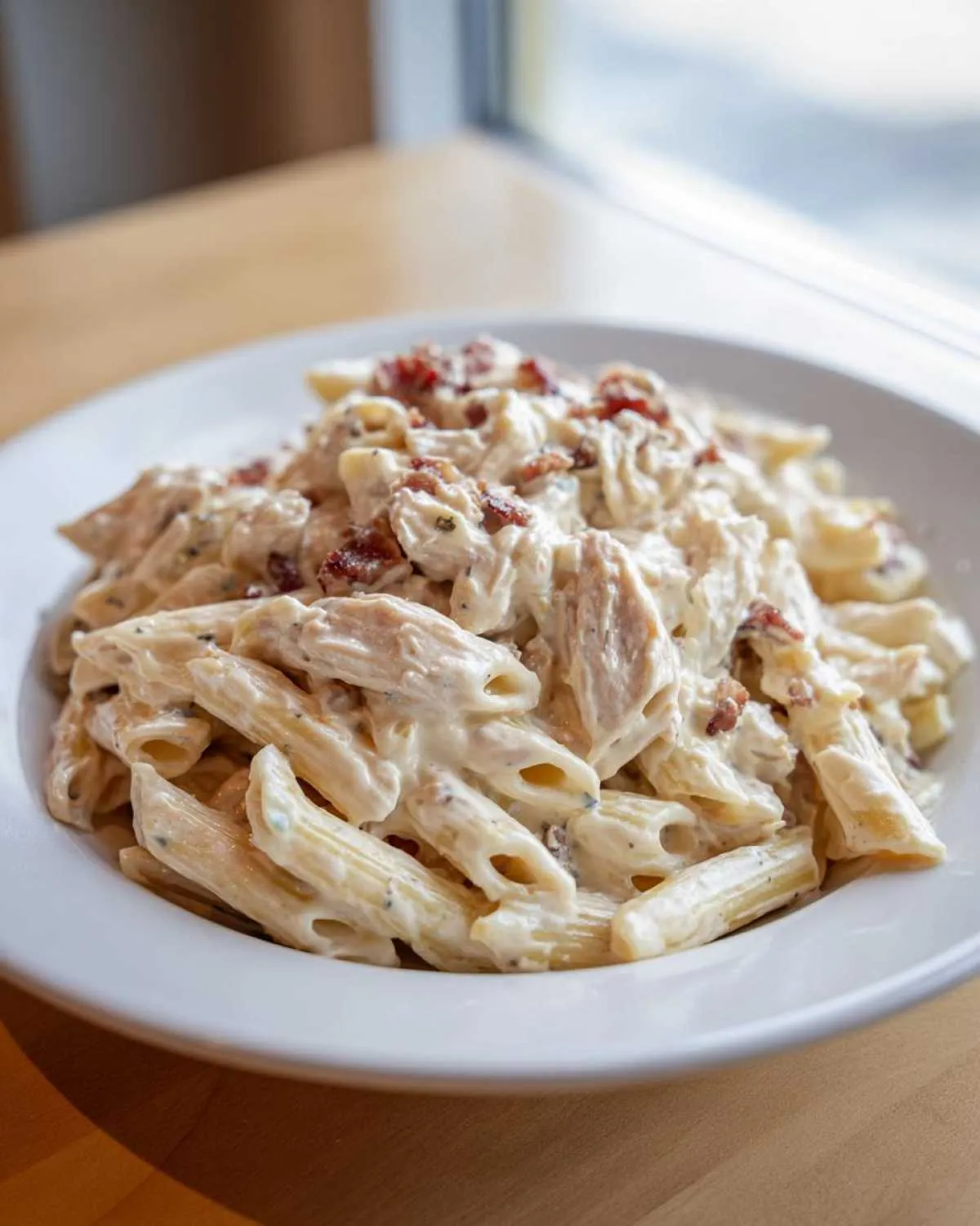 A white bowl filled with rich Creamy Chicken Bacon Ranch Pasta featuring penne, chicken pieces, and topped with crispy bacon bits.