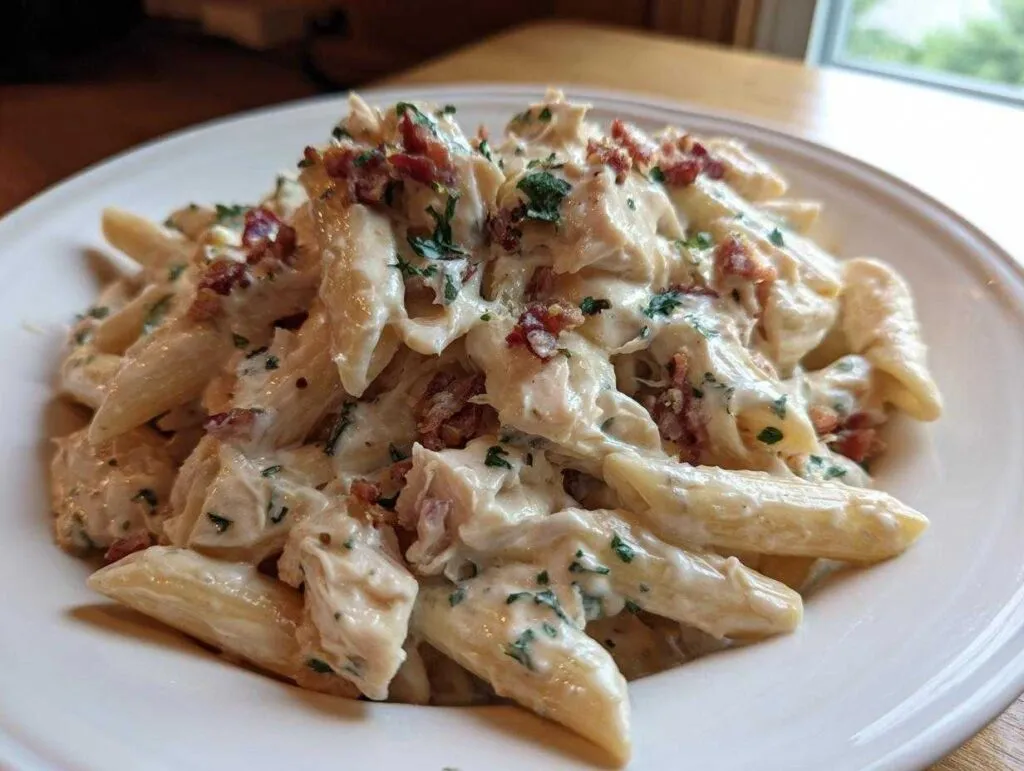 A close-up of a generous serving of Creamy Chicken Bacon Ranch Pasta with penne, chicken chunks, and bacon bits.