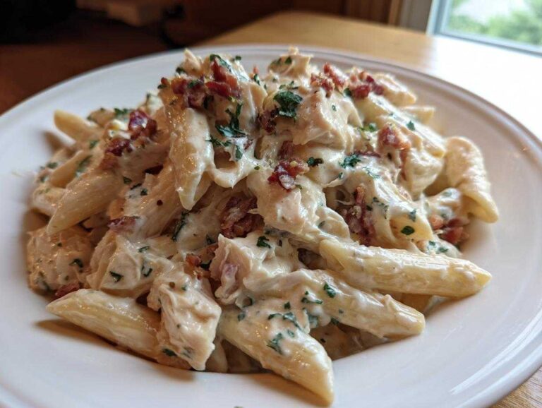 A close-up of a generous serving of Creamy Chicken Bacon Ranch Pasta with penne, chicken chunks, and bacon bits.