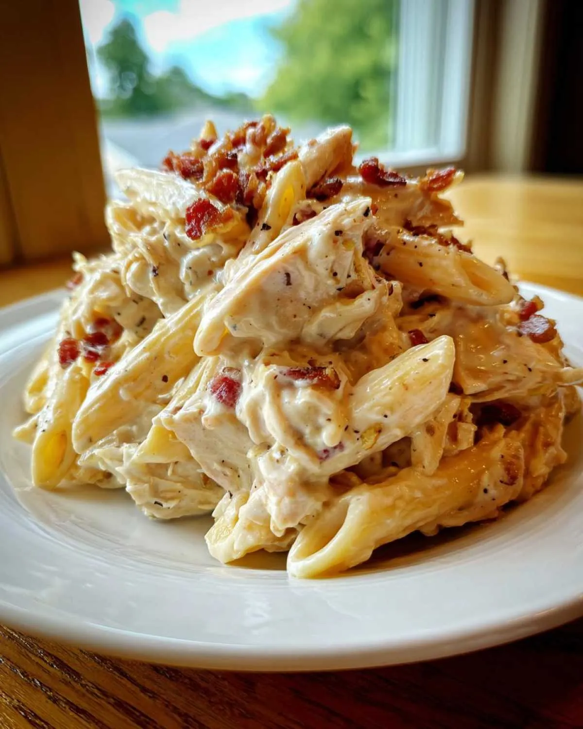 A generous serving of Creamy Chicken Bacon Ranch Pasta featuring penne coated in a rich white sauce, topped with crumbled bacon.