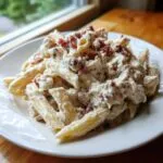 A close-up of penne pasta coated in a rich, white sauce with chicken pieces and topped with crumbled bacon, representing Creamy Chicken Bacon Ranch Pasta.