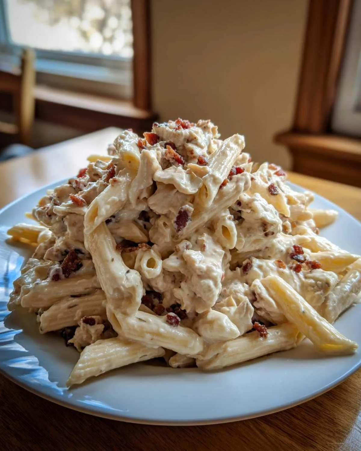 A generous serving of Creamy Chicken Bacon Ranch Pasta piled high on a white plate, topped with bacon bits.
