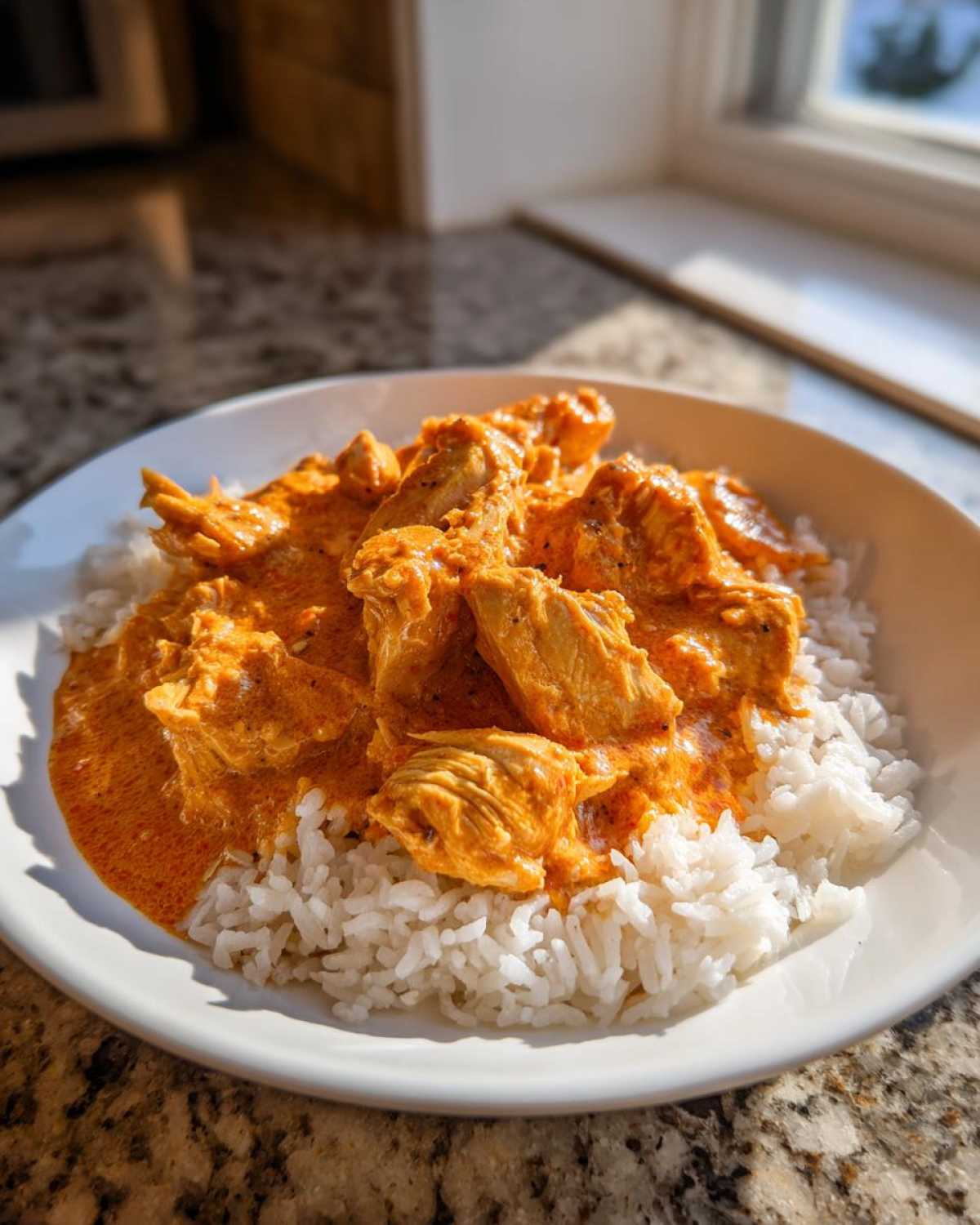 A white bowl filled with white rice topped generously with chunks of chicken in a rich, orange creamy crockpot cajun butter chicken sauce.