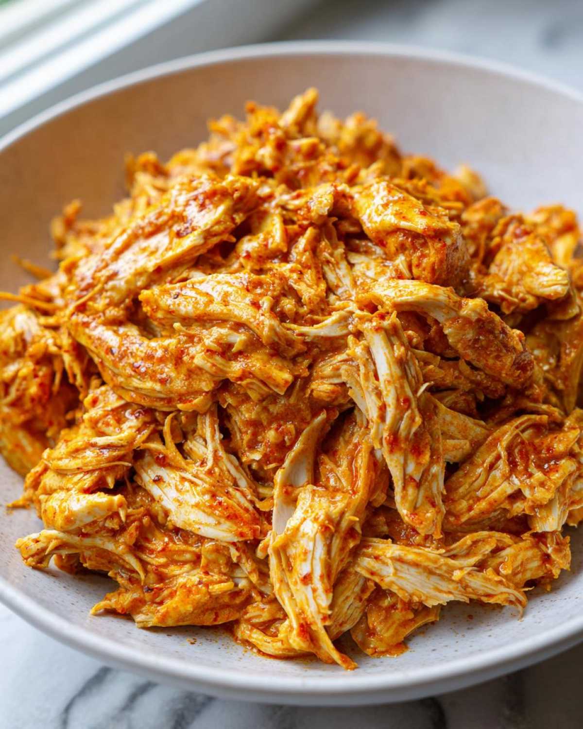 Close-up of shredded chicken coated in a rich, orange-red sauce, ready for serving as creamy crockpot cajun butter chicken.