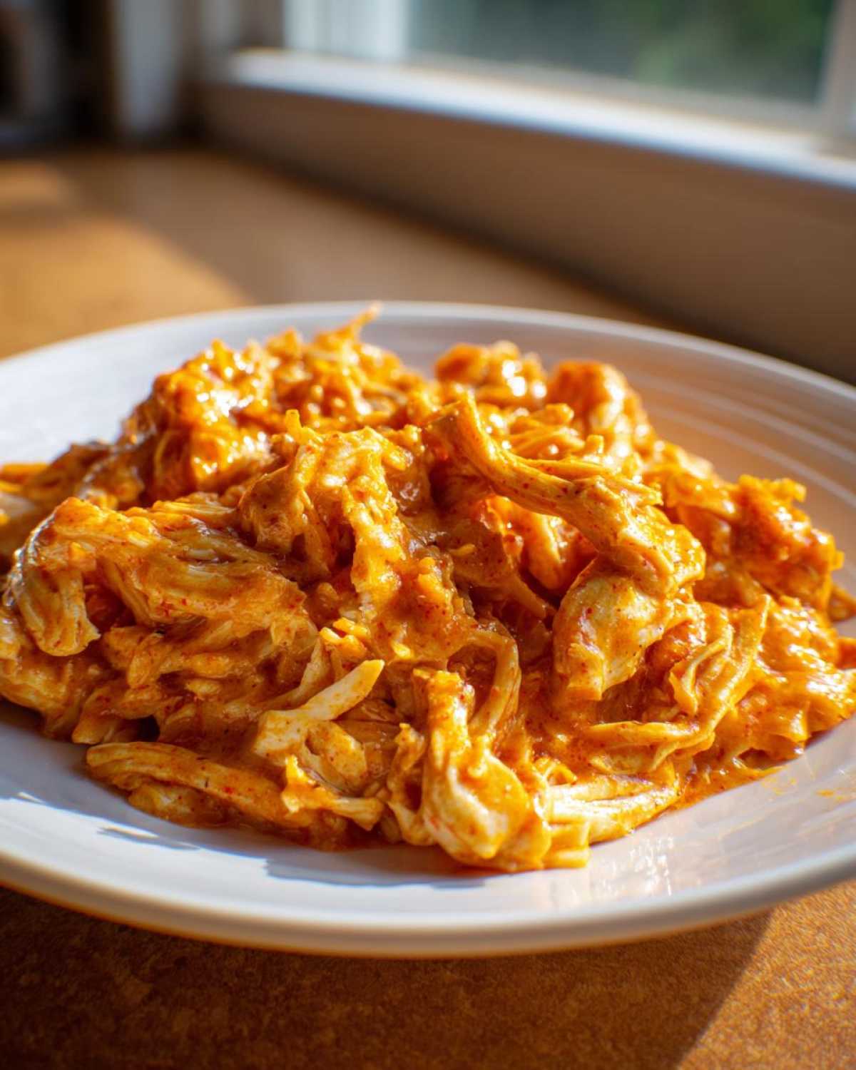 Close-up of shredded chicken coated in a rich, orange, creamy sauce, representing the creamy crockpot cajun butter chicken.