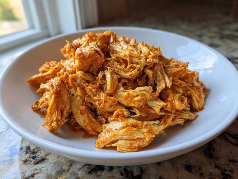 A close-up of shredded chicken coated in a rich, orange-red sauce, representing creamy crockpot cajun butter chicken, served in a white bowl.