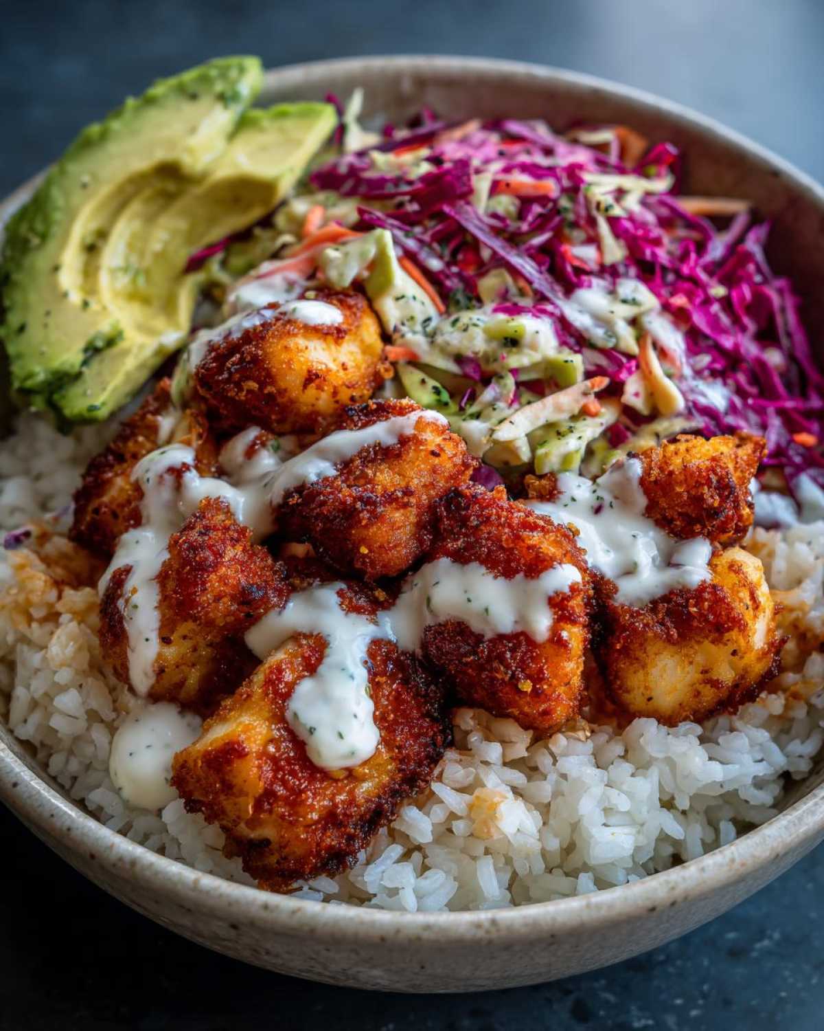 Close-up of a bowl featuring crispy fish pieces drizzled with white sauce over rice, topped with purple slaw and avocado slices, perfect for baja fish taco bowls.