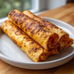 Four golden-brown, crispy Buffalo chicken taquitos stacked on a white plate near a window.