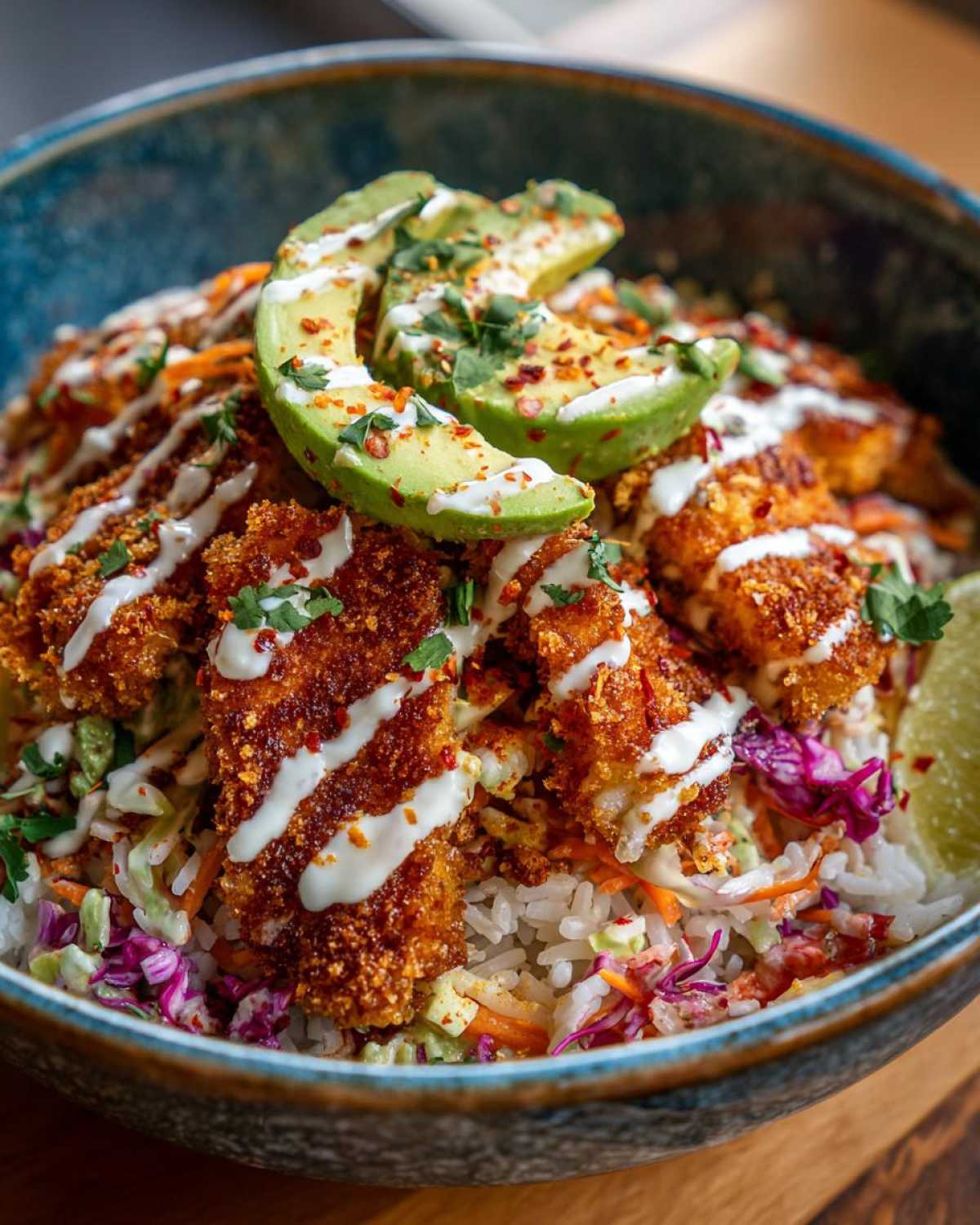 Close-up of a vibrant baja fish taco bowls featuring crispy fish, rice, slaw, avocado, and crema drizzle.