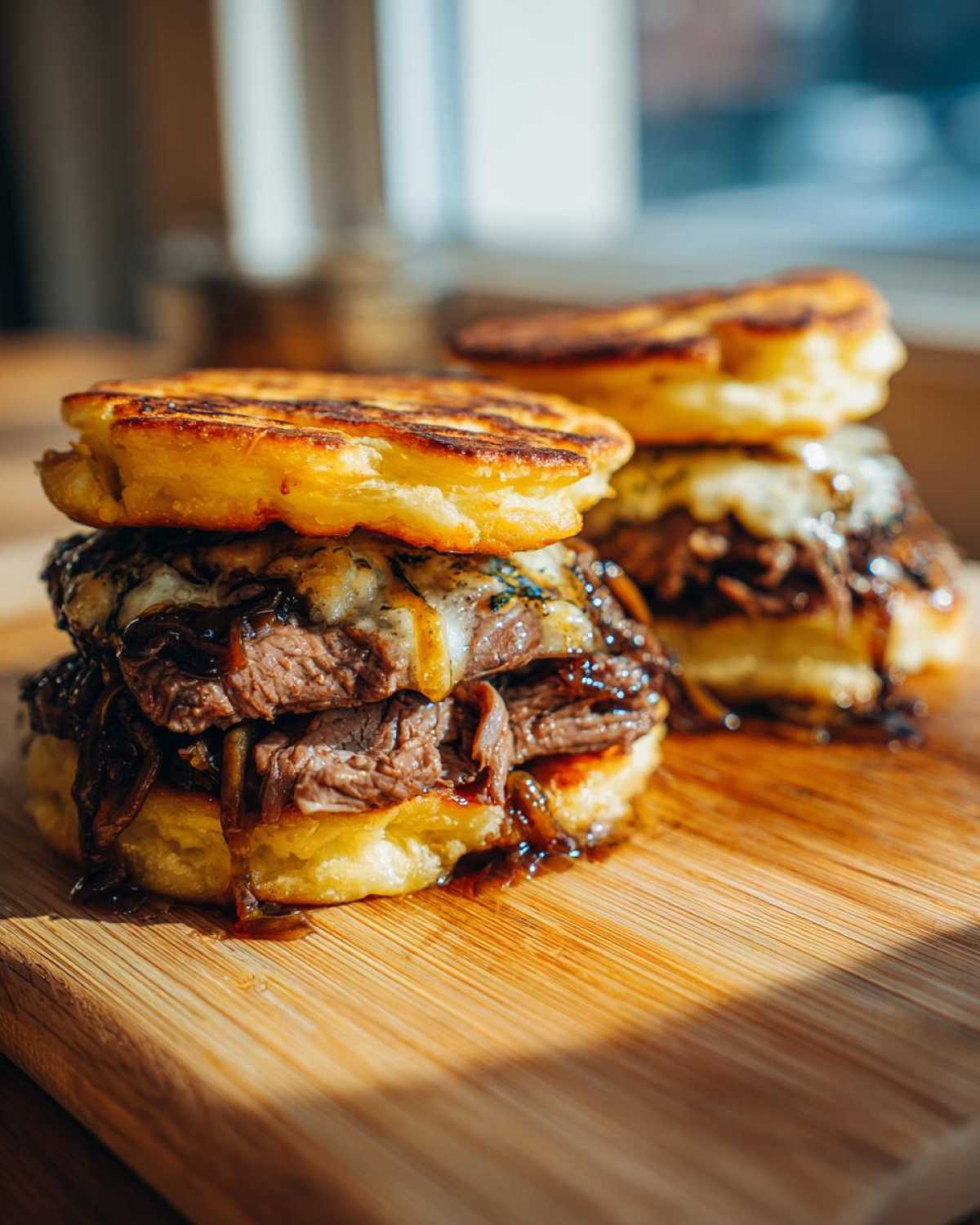 Close-up of a juicy Dubai paratha smash burger stacked high with beef, caramelized onions, and melted cheese on a wooden board.