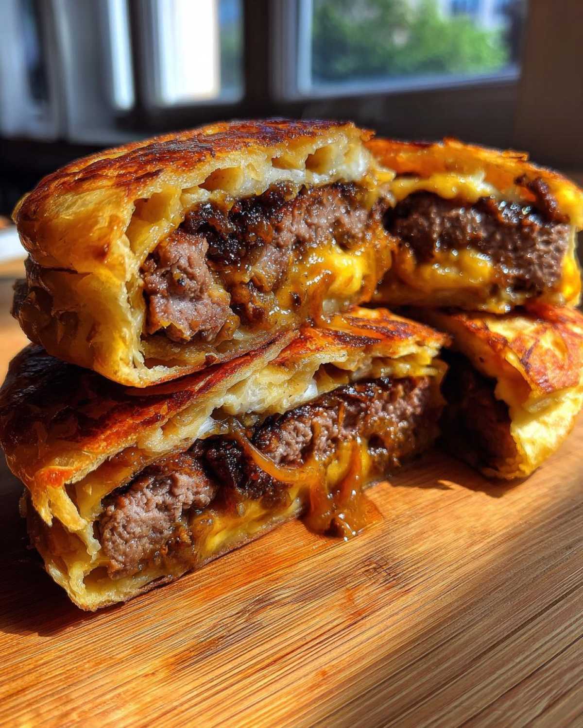 Close-up of a Dubai paratha smash burger cut in half, showing a juicy patty, melted cheese, and caramelized onions wrapped in flaky paratha bread.
