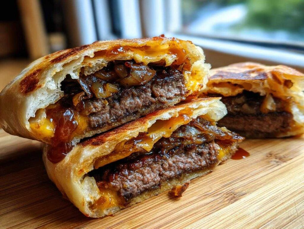 Close-up of a Dubai paratha smash burger cut in half, showing a juicy patty, melted cheese, and caramelized onions wrapped in flaky paratha bread.
