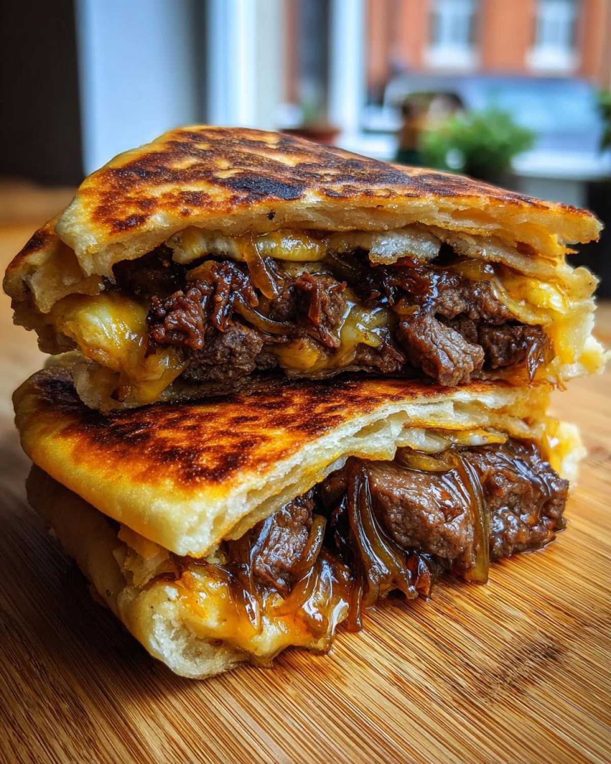 Two halves of a grilled Dubai paratha smash burger stacked, showing melted cheese, caramelized onions, and beef filling.
