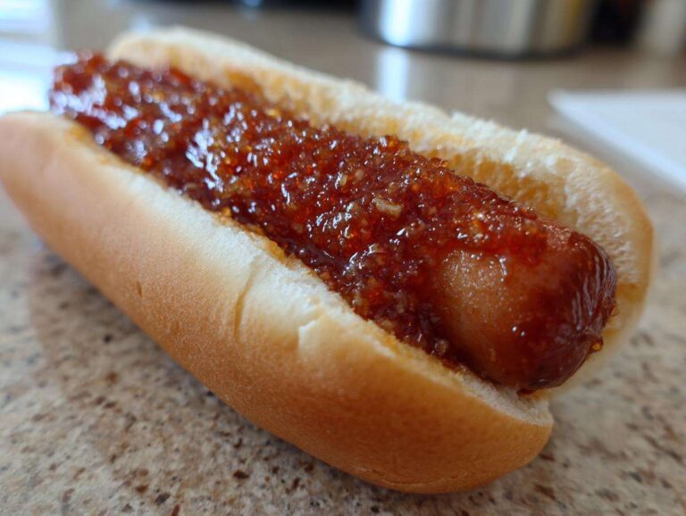 Close-up of a hot dog in a bun generously covered with a thick, glossy, reddish-brown firecracker hot dogs recipe sauce.
