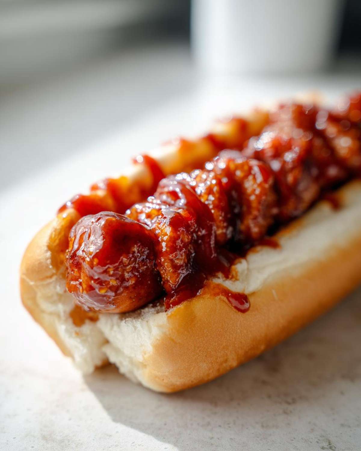Close-up of a delicious firecracker hot dogs recipe served in a soft bun, generously covered in a glossy, spicy red sauce.