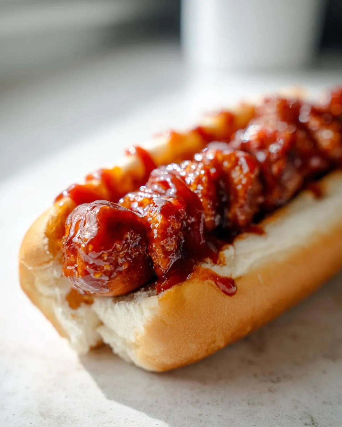 Close-up of a delicious firecracker hot dogs recipe served in a soft bun, generously covered in a glossy, spicy red sauce.