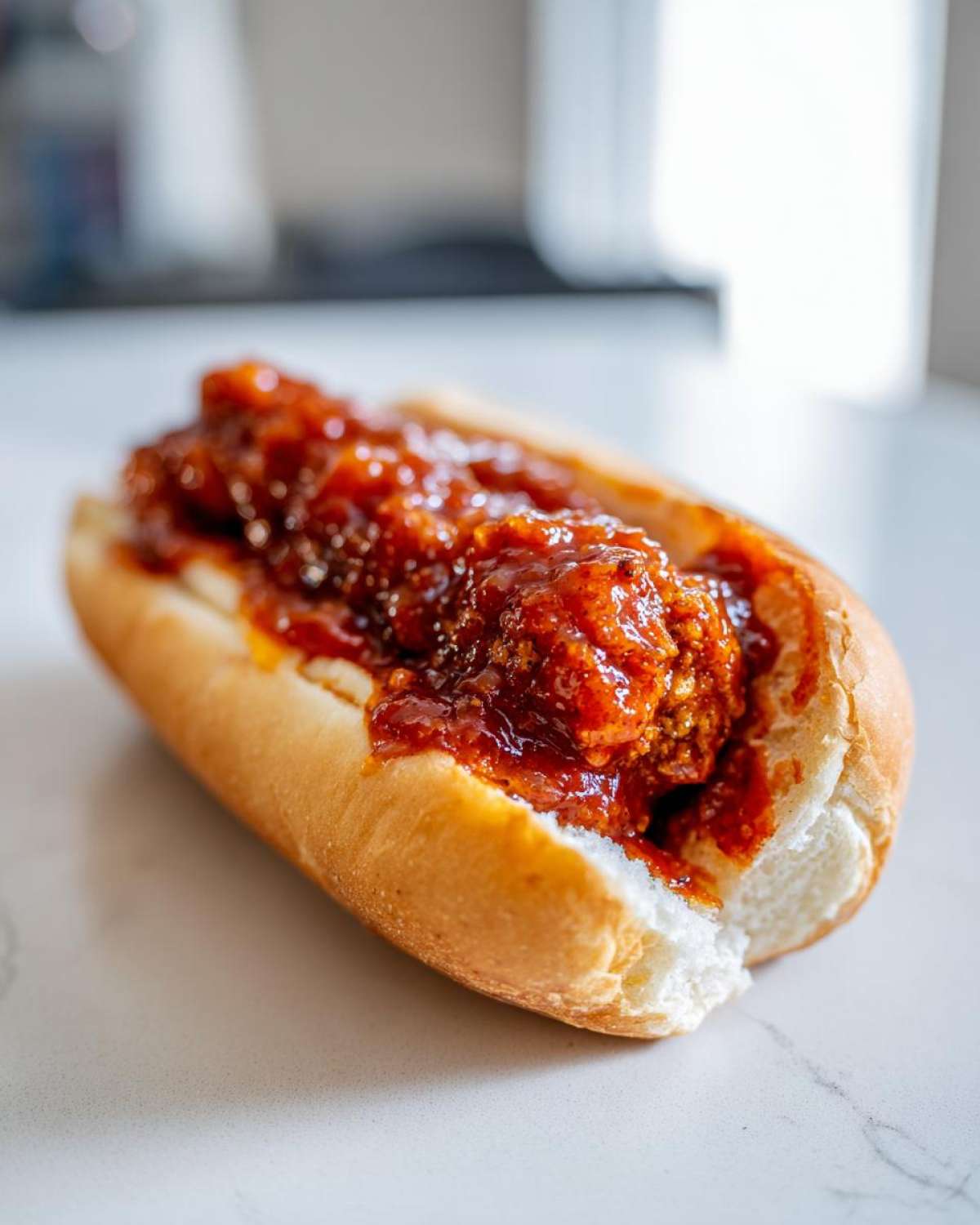 A close-up of a firecracker hot dogs recipe served in a bun, heavily topped with a thick, glossy, reddish-brown spicy sauce.