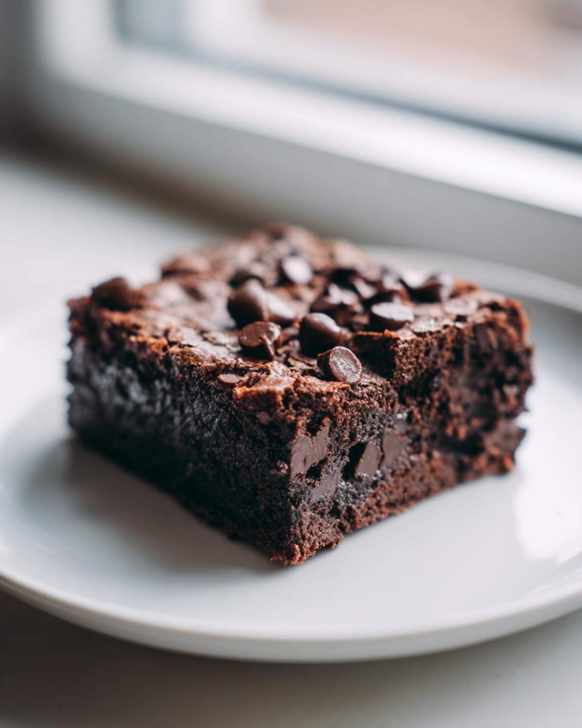 A single, rich, fudgy cottage cheese brownie square topped with chocolate chips, resting on a white plate near a window.
