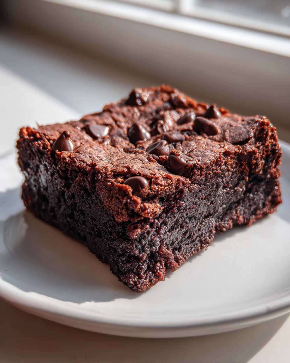 A single, rich, dark square of fudgy cottage cheese brownie topped with melted chocolate chips, sitting on a white plate.