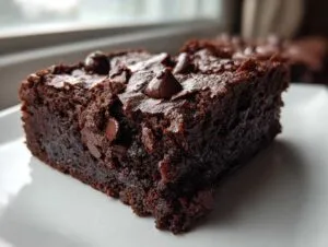 A close-up shot of a rich, dark, fudgy cottage cheese brownies slice topped with melted chocolate chips.