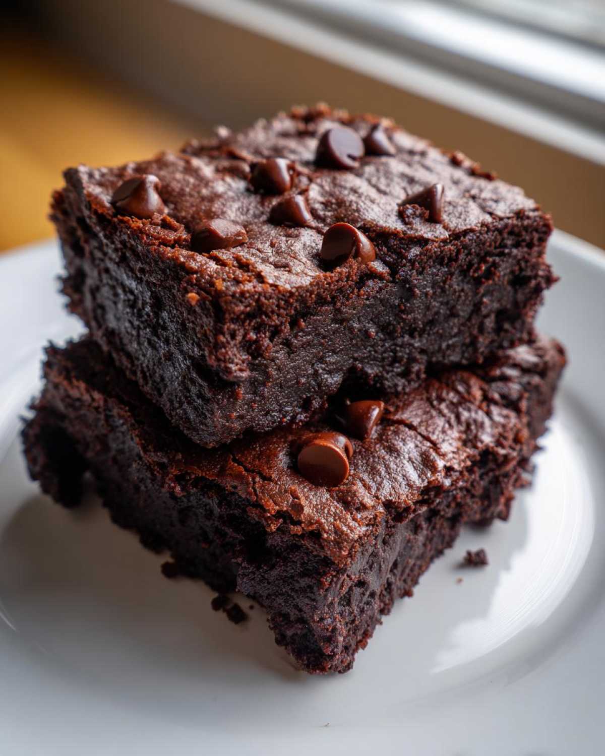 Two stacked, rich, dark Fudgy cottage cheese brownies topped with chocolate chips on a white plate.