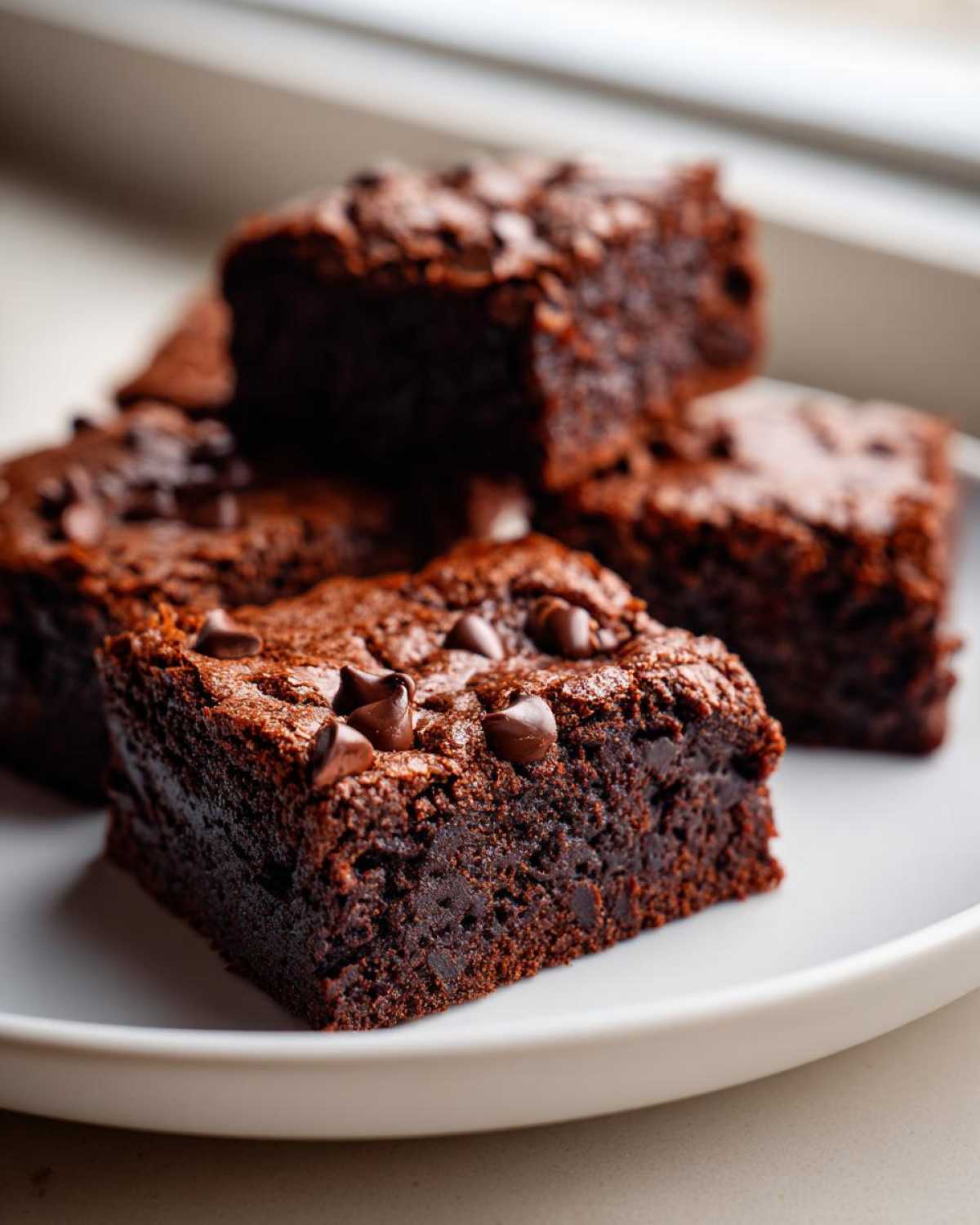 A stack of rich, fudgy cottage cheese brownies topped with melted chocolate chips on a white plate.