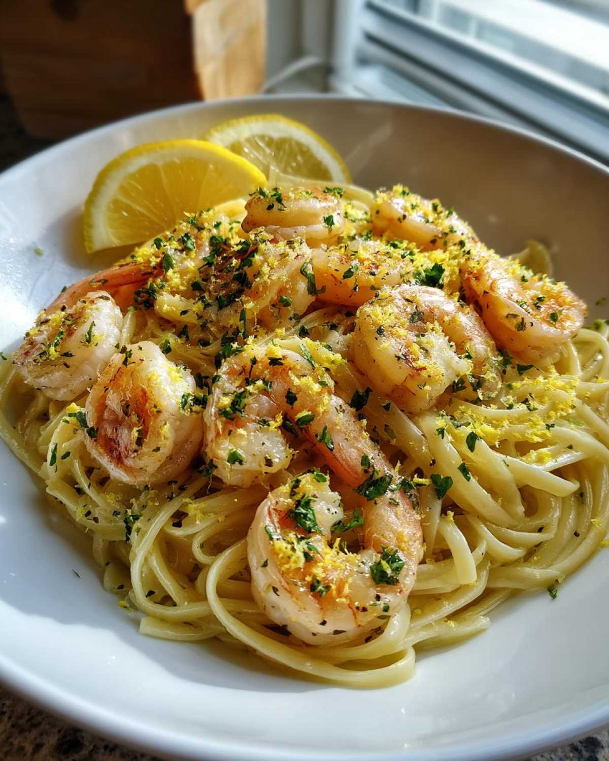 Close-up of Garlic butter shrimp scampi served over linguine pasta, garnished with lemon zest and parsley.