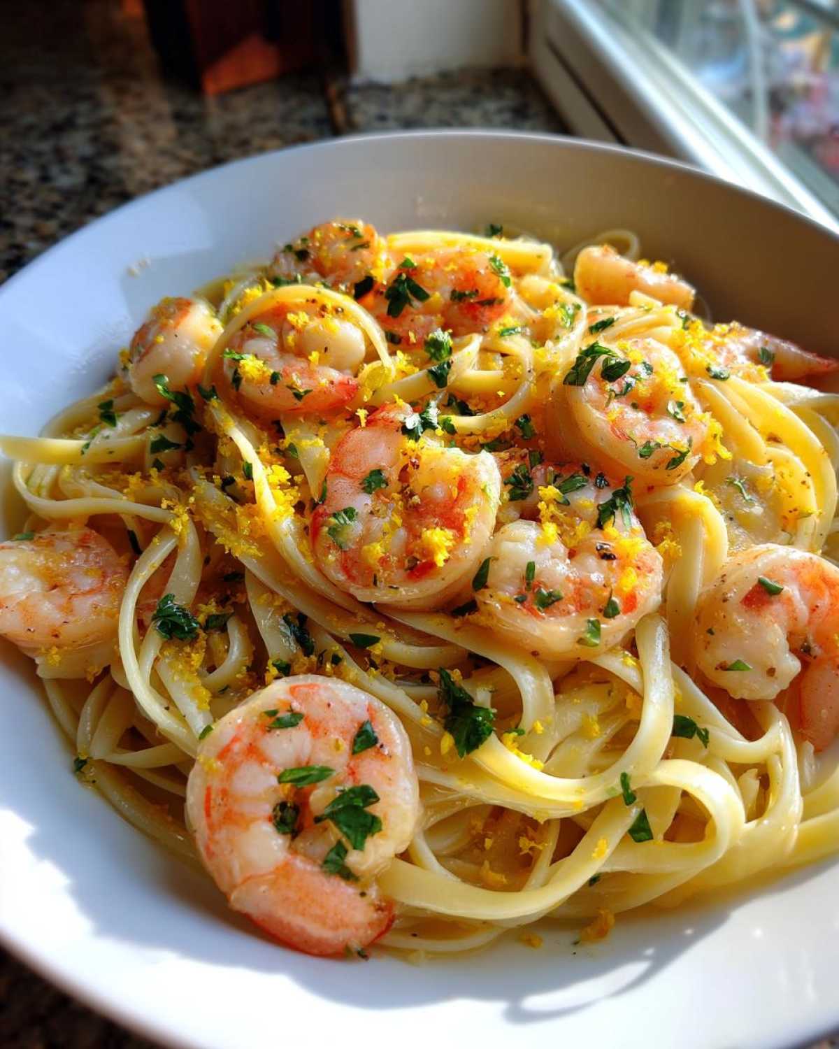 Close-up of Garlic butter shrimp scampi served over linguine, garnished with bright yellow lemon zest and green parsley.