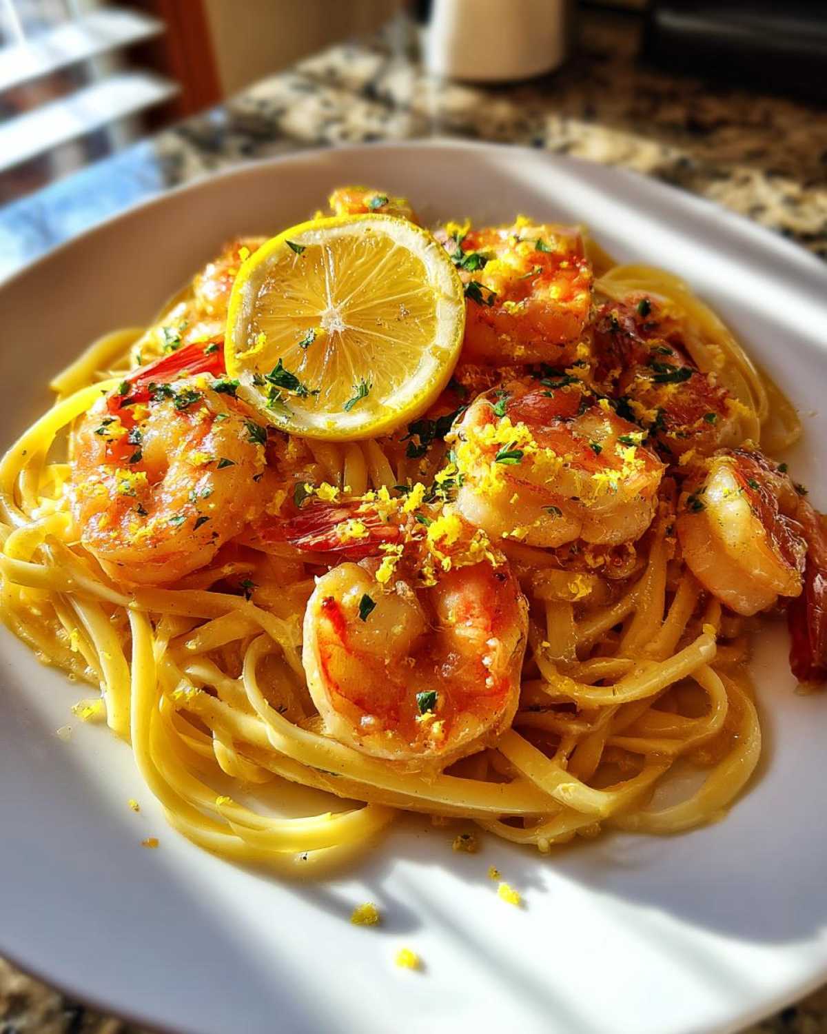 Close-up of Garlic butter shrimp scampi served over linguine pasta, garnished with a lemon slice and zest.