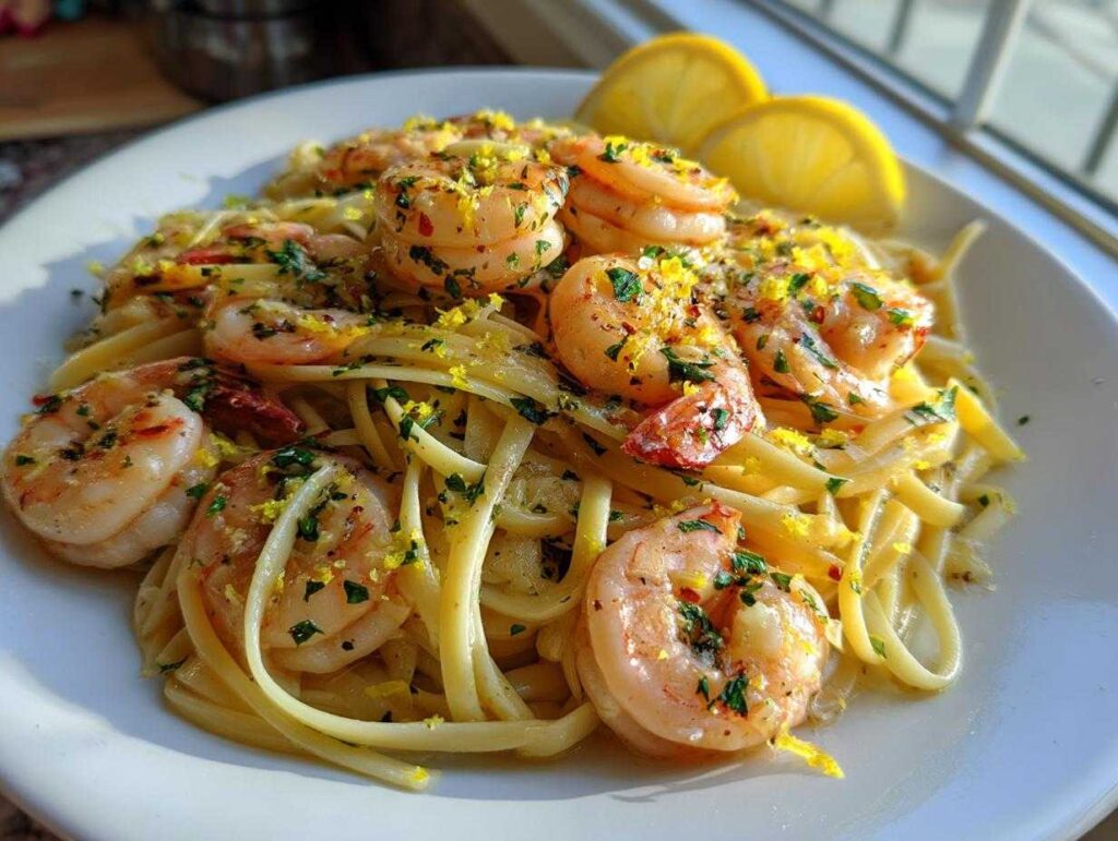 Plated Garlic butter shrimp scampi served over linguine pasta, garnished with fresh parsley and lemon zest.