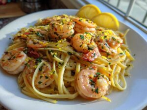 Plated Garlic butter shrimp scampi served over linguine pasta, garnished with fresh parsley and lemon zest.