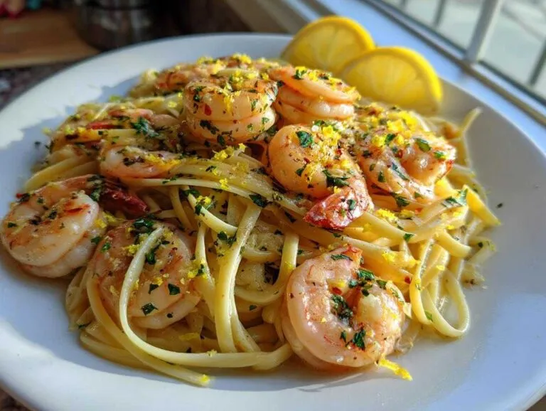 Plated Garlic butter shrimp scampi served over linguine pasta, garnished with fresh parsley and lemon zest.