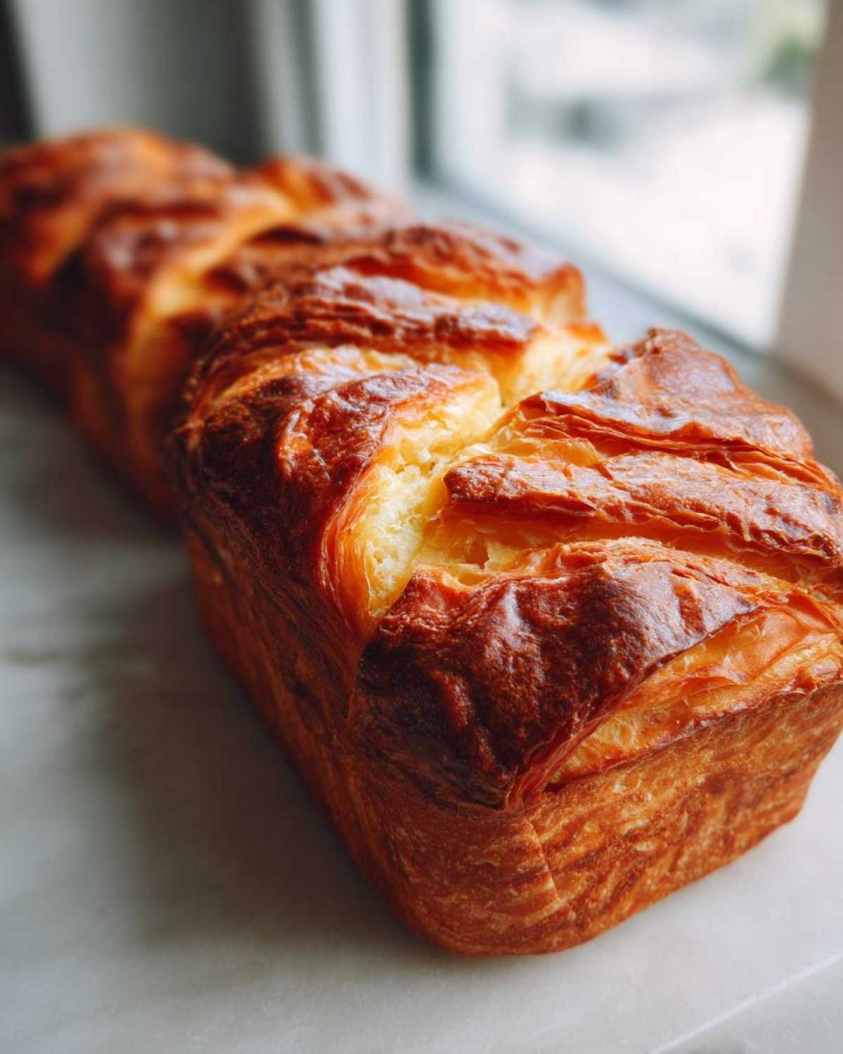 Close-up of a freshly baked loaf of Thousand layer mo bread showing its deeply caramelized, flaky top layers.