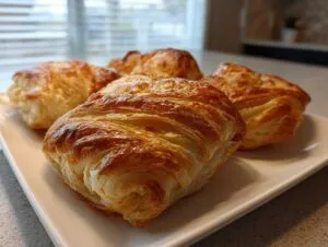 Four golden-brown, flaky Thousand layer mo pastries stacked on a white rectangular plate.