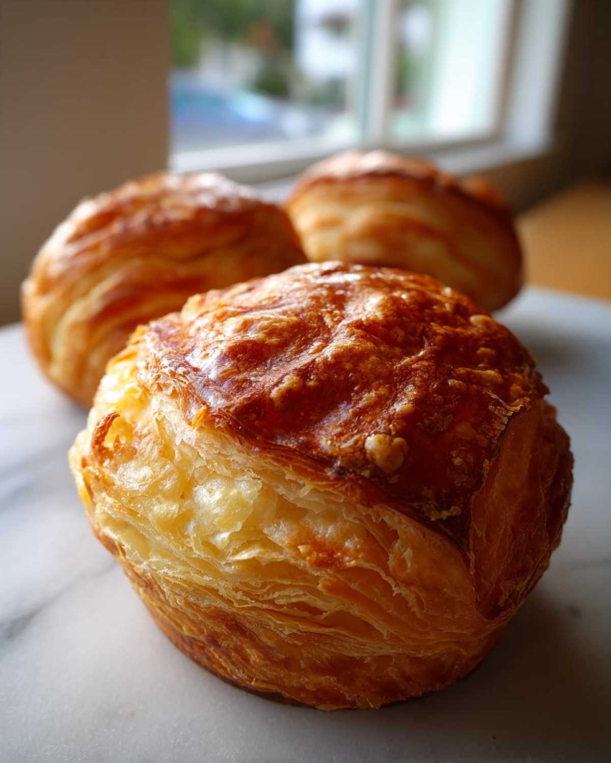 Close-up of a golden brown Thousand layer mo pastry showing flaky layers and a crunchy top.
