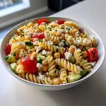 A white bowl filled with Greek pasta salad with chickpeas, featuring fusilli pasta, cherry tomatoes, cucumber, and feta cheese.