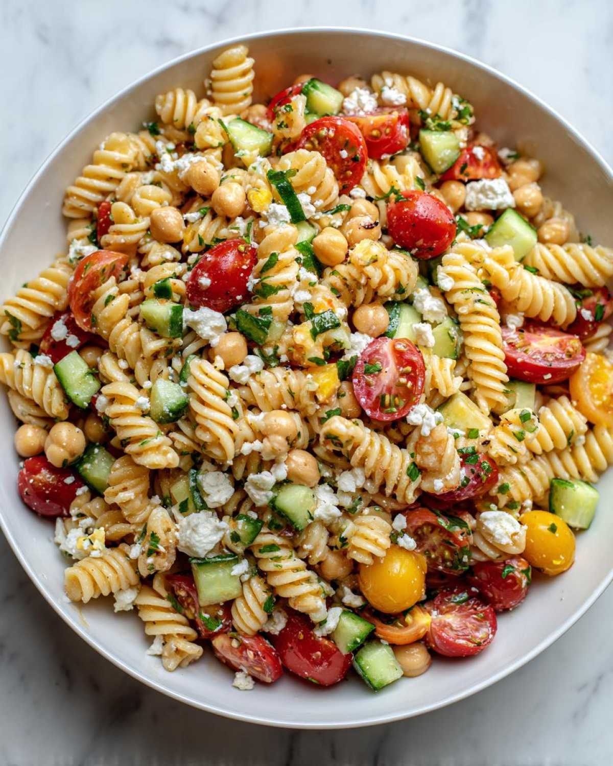 Overhead view of a white bowl filled with Greek pasta salad with chickpeas, rotini pasta, cucumber, and feta cheese.