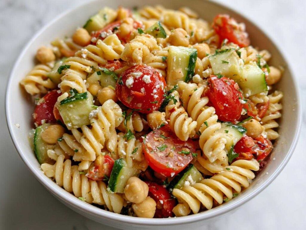 Close-up of a white bowl filled with Greek pasta salad with chickpeas, featuring rotini pasta, cherry tomatoes, cucumber, and feta.